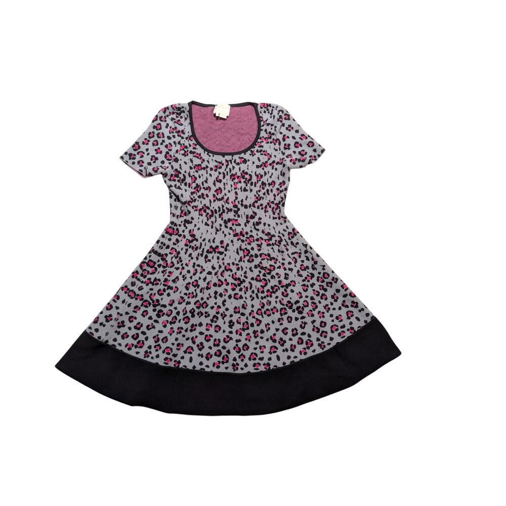 Kate Spade Women's Fit & Flare Leopard Print Short Sleeve Sweater Dress Gray L